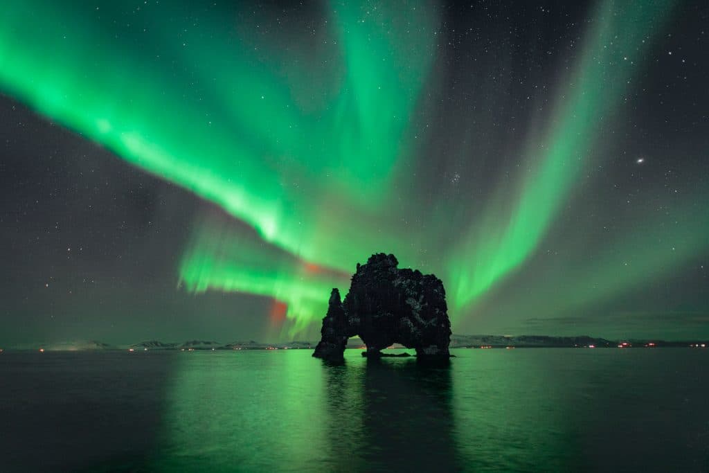 Hvítserkur sea stack under the Northern Lights, Iceland