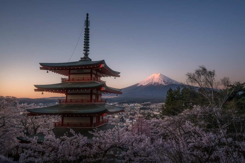 Chureito Pagoda with Mount Fuji and cherry blossoms, Japan